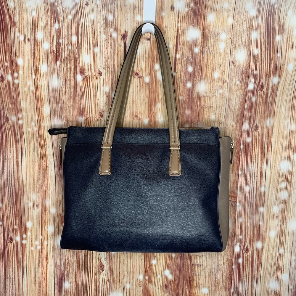 Tumi Pavia Satchel Bag Two Tone Navy Taupe Travel Laptop Tote. Embossed